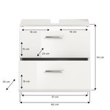 Weißer Waschbeckenunterschrank mit zwei Schubladen, Frontansicht, Maße: 60 cm Breite, 54 cm Höhe, 32 cm Tiefe
