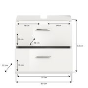 Weißer Waschbeckenunterschrank mit zwei Schubladen, Frontansicht, Maße: 60 cm Breite, 54 cm Höhe, 32 cm Tiefe