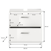 Weißer Waschbeckenunterschrank mit zwei Schubladen, Frontansicht, Maße: 60 cm Breite, 54 cm Höhe, 32 cm Tiefe