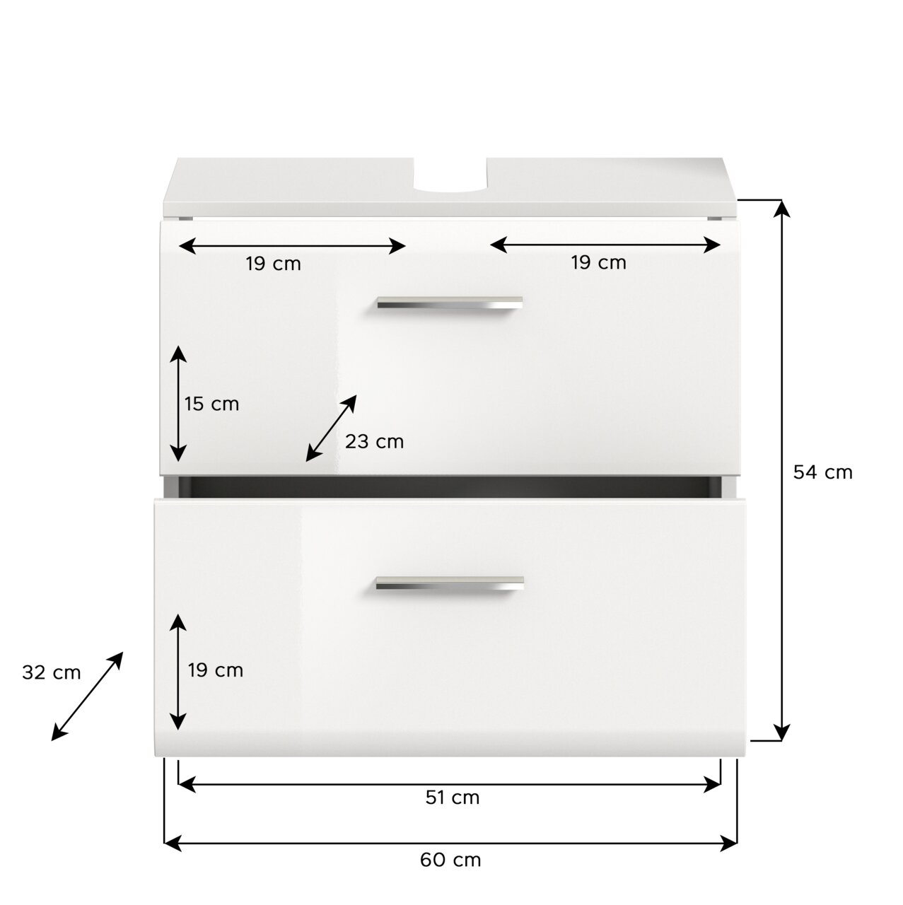 Weißer Waschbeckenunterschrank mit zwei Schubladen, Frontansicht, Maße: 60 cm Breite, 54 cm Höhe, 32 cm Tiefe