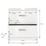 Weißer Waschbeckenunterschrank mit zwei Schubladen, Frontansicht, Maße: 60 cm Breite, 54 cm Höhe, 32 cm Tiefe