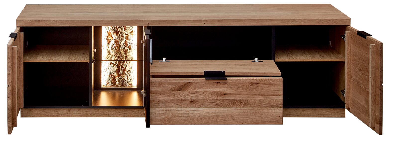 Offenes Holz-Sideboard in Eiche-Optik mit zwei seitlichen Türen, mittlerer Klappe/Schublade und beleuchtetem Dekoreinsatz in der Mitte, frontale Ansicht