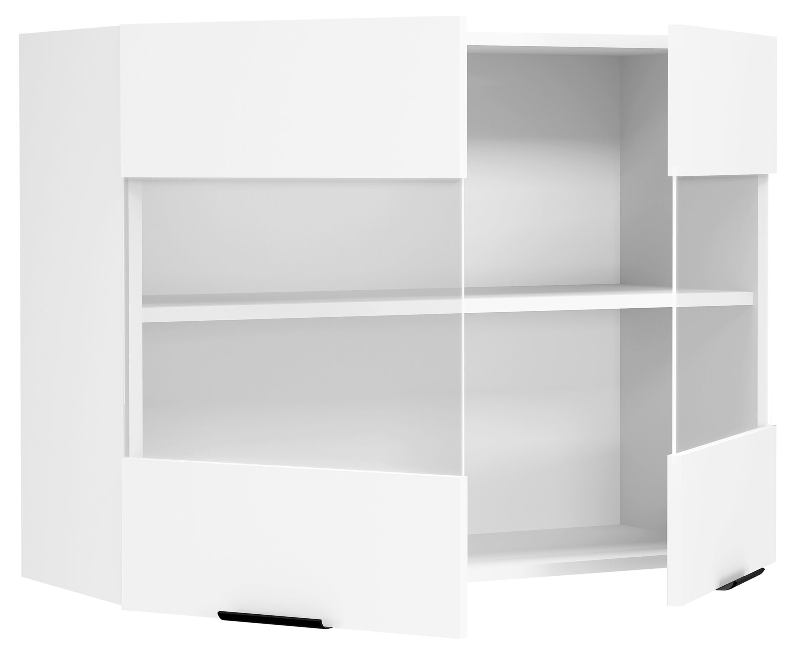 Weißer Badezimmerschrank/Waschbecken-Unterschrank mit offenen Fächern und zwei Schubladen, frontal leicht von links fotografiert