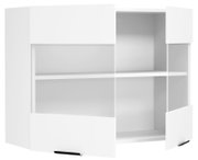 Weißer Badezimmerschrank/Waschbecken-Unterschrank mit offenen Fächern und zwei Schubladen, frontal leicht von links fotografiert