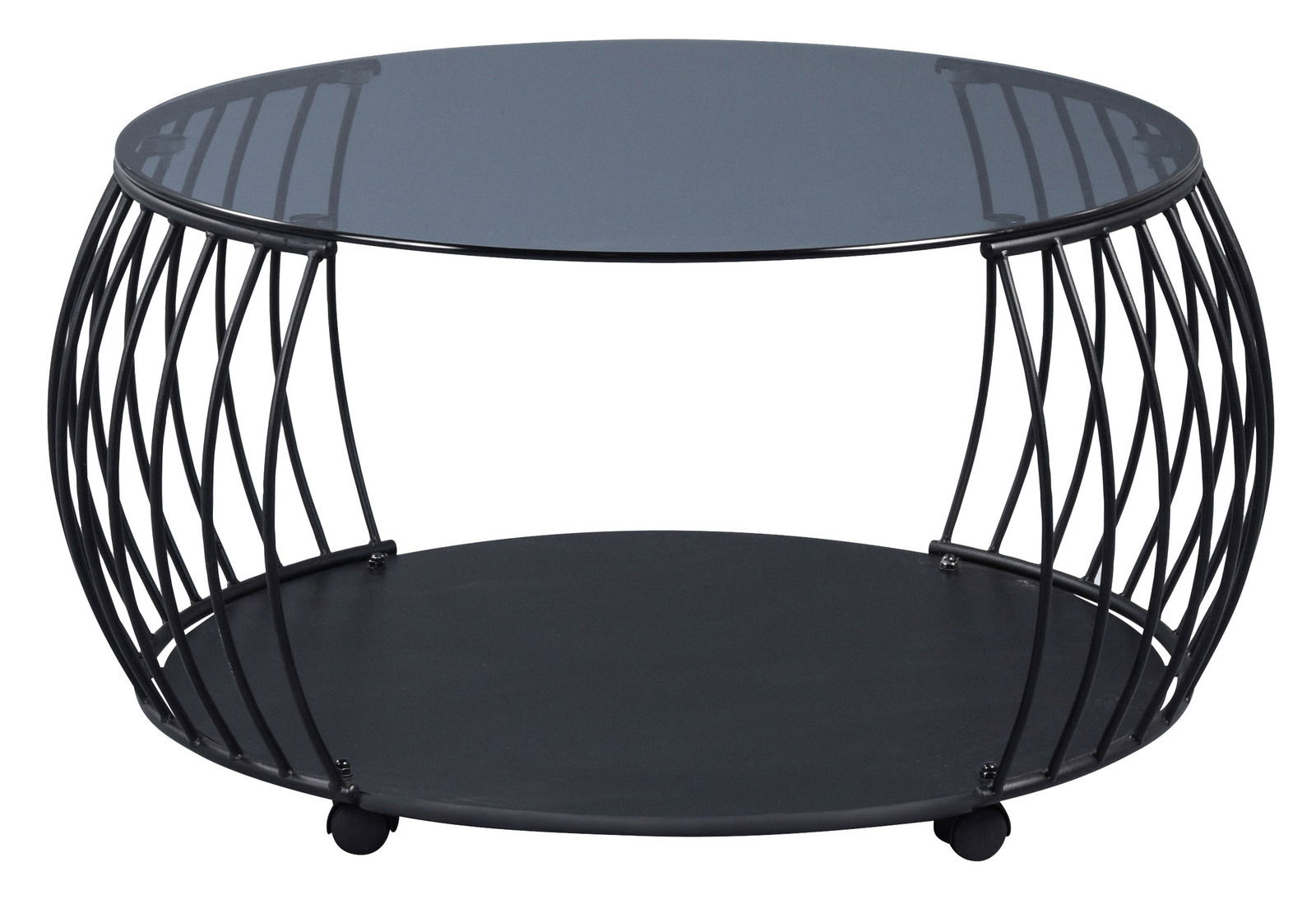 Moderner Couchtisch mit rundem Glasplatte und schwarzem Metallgestell, seitliche Perspektive.