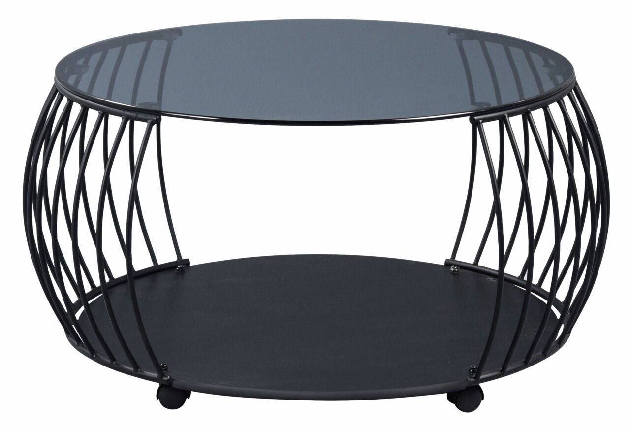 Moderner Couchtisch mit rundem Glasplatte und schwarzem Metallgestell, seitliche Perspektive.