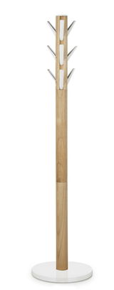 Moderner Garderobenständer aus Holz mit Metallhaken, frontal abgebildet.