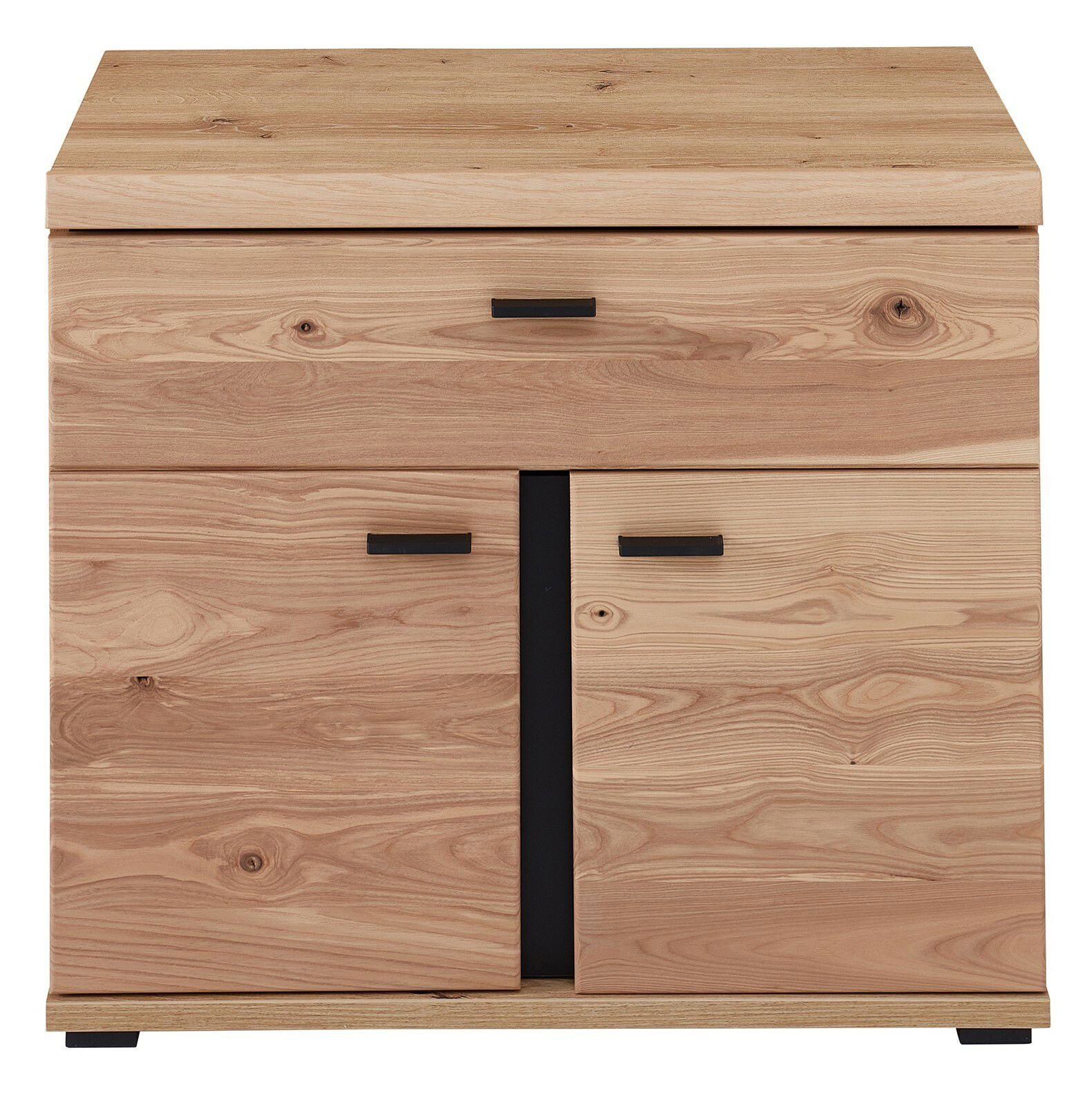 Frontansicht eines Unterstell-Aktenschranks aus Holz mit zwei Türen und einer Schublade, moderne schwarze Griffe.