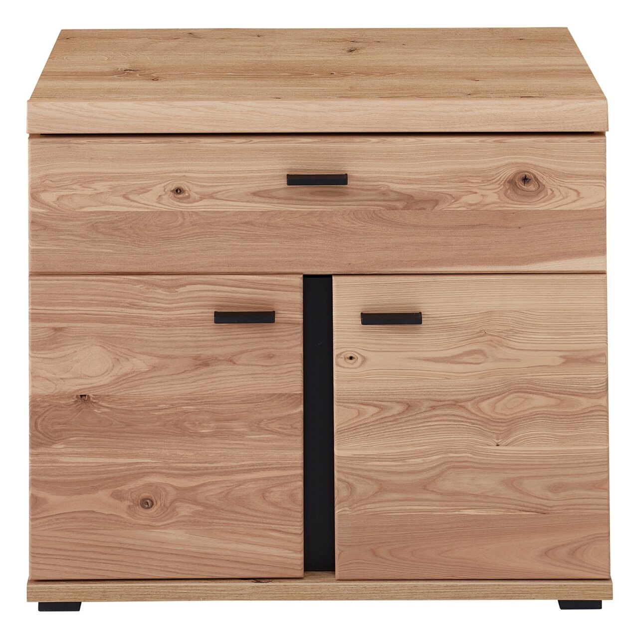 Vooraanzicht van een houten archiefkast met twee deuren en een lade, voorzien van moderne zwarte handgrepen.