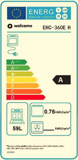 Energieeffizienz-Label für einen Ofen mit der Klasse A, 59 Liter Volumen, Energieverbrauch von 0,76 kWh pro Zyklus, Frontalansicht.
