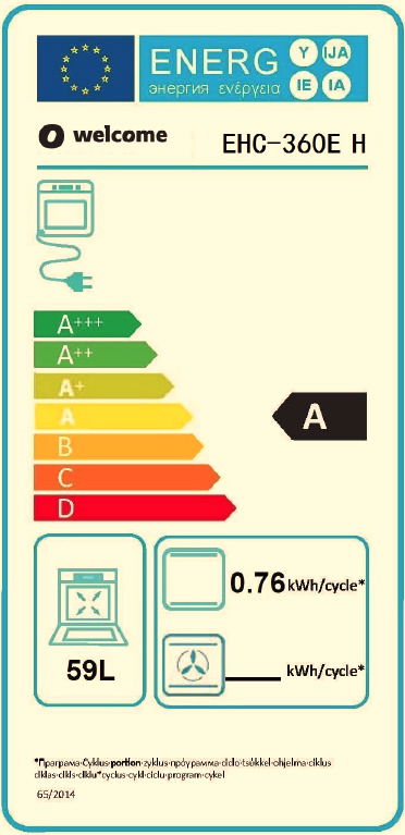 Energieeffizienz-Label für einen Ofen mit der Klasse A, 59 Liter Volumen, Energieverbrauch von 0,76 kWh pro Zyklus, Frontalansicht.