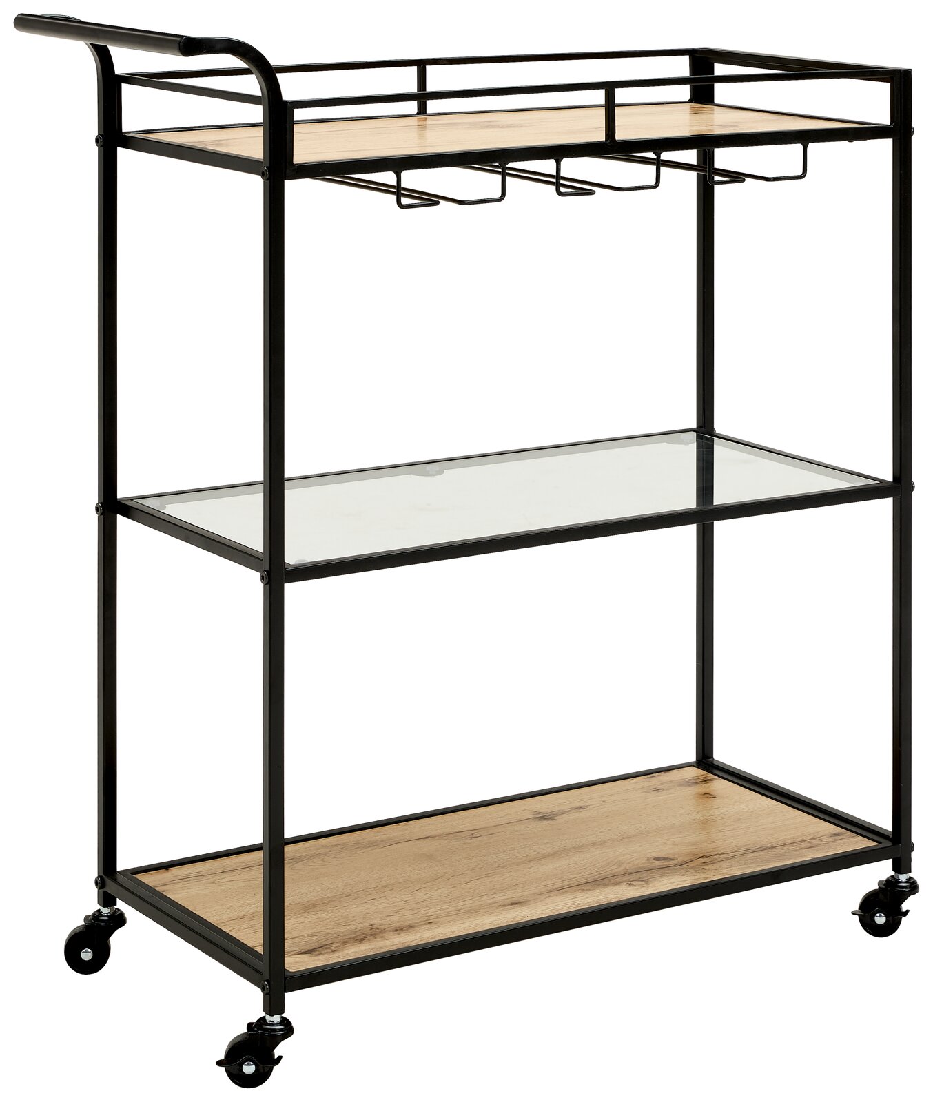 Servierwagen/Barwagen auf Rollen mit schwarzem Metallrahmen, Holzablagen oben und unten, Glasablage in der Mitte und Glashalterungen unter der oberen Ablage, freigestellt auf weißem Hintergrund, Perspektive: leicht schräg von vorne links