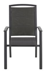 Vorderansicht eines modernen, schwarzen Stapelsessels mit Armlehnen und Netzbespannung.