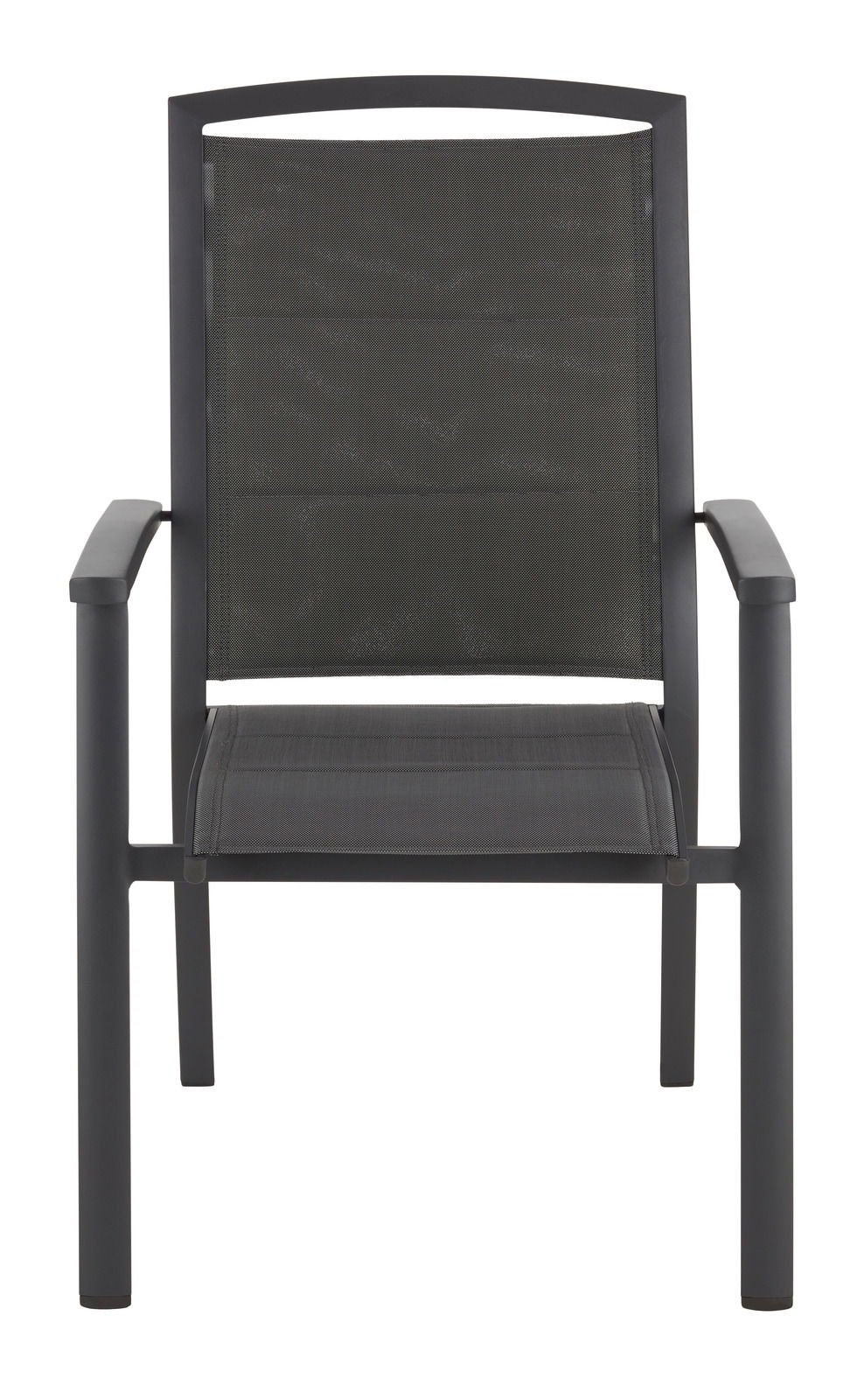 Vorderansicht eines modernen, schwarzen Stapelsessels mit Armlehnen und Netzbespannung.