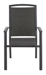 Vorderansicht eines modernen, schwarzen Stapelsessels mit Armlehnen und Netzbespannung.