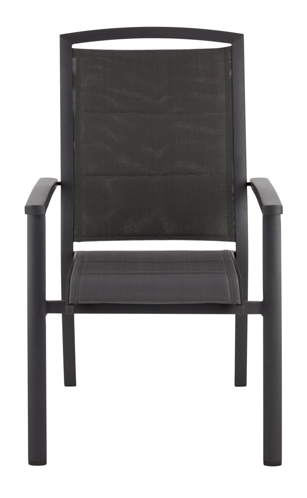 Vorderansicht eines modernen, schwarzen Stapelsessels mit Armlehnen und Netzbespannung.