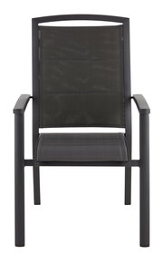 Vorderansicht eines modernen, schwarzen Stapelsessels mit Armlehnen und Netzbespannung.