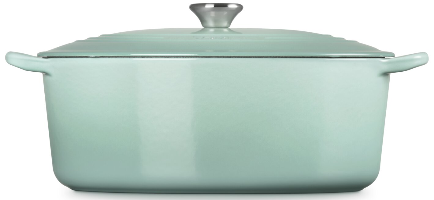 Mintgrüner emaillierter Bräter mit Deckel und seitlichen Griffen, frontale Seitenansicht auf weißem Hintergrund.