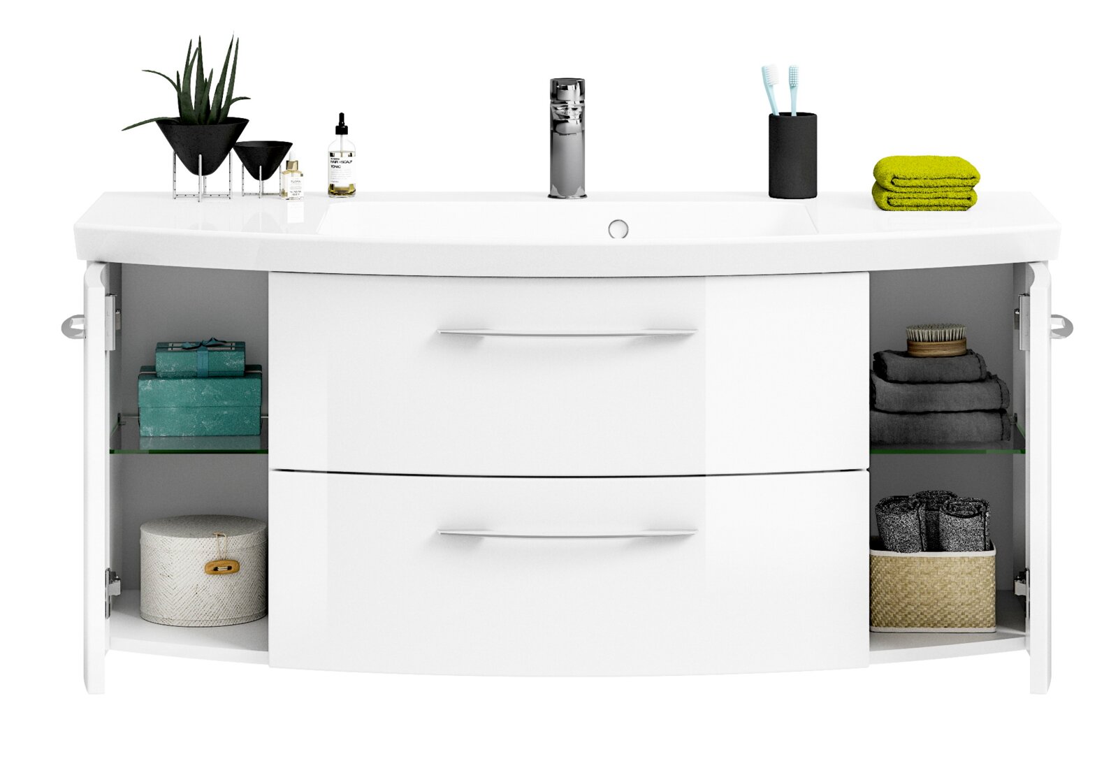 Moderne witte wastafel met twee lades en open zijkasten, gevuld met handdoeken en accessoires, gezien van voren.