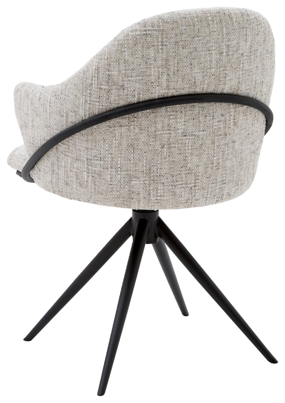 Rückansicht eines modernen Armlehnstuhls mit hellgrauem Stoffbezug und schwarzem Metallgestell auf vier Beinen.