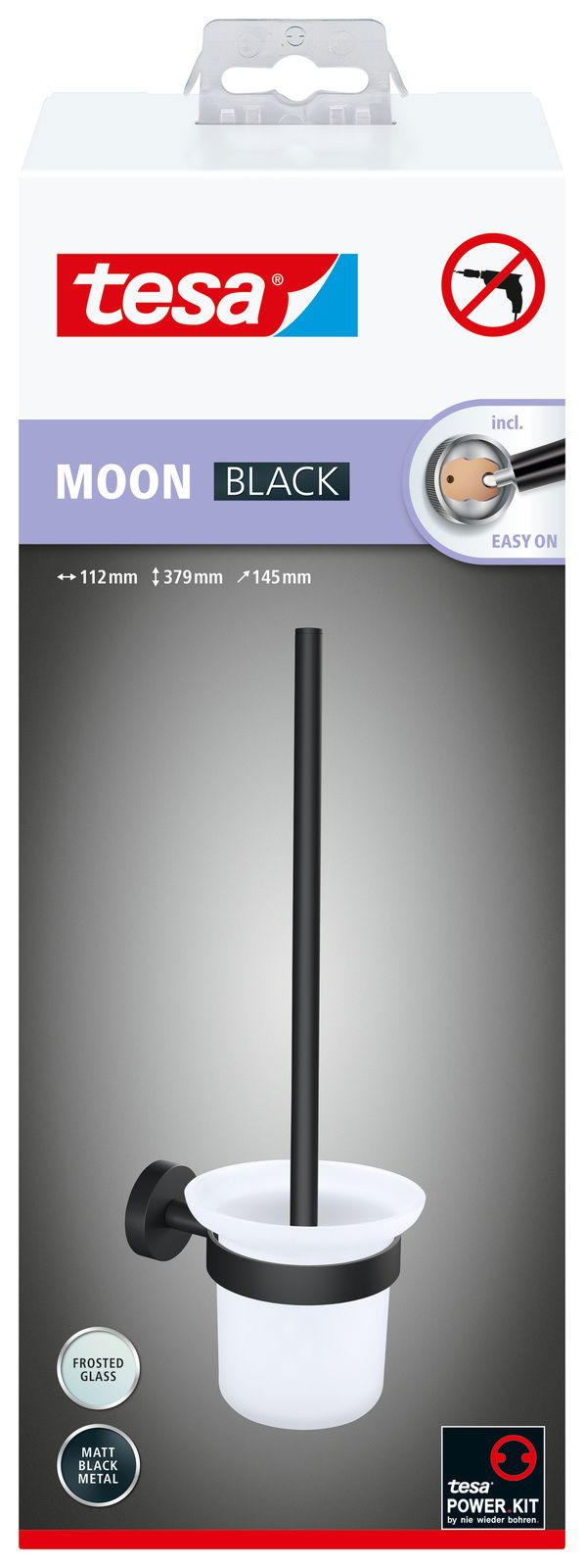 tesa MOON BLACK WC-Bürstenhalter aus mattschwarzem Metall und satiniertem Glas, seitliche Perspektive