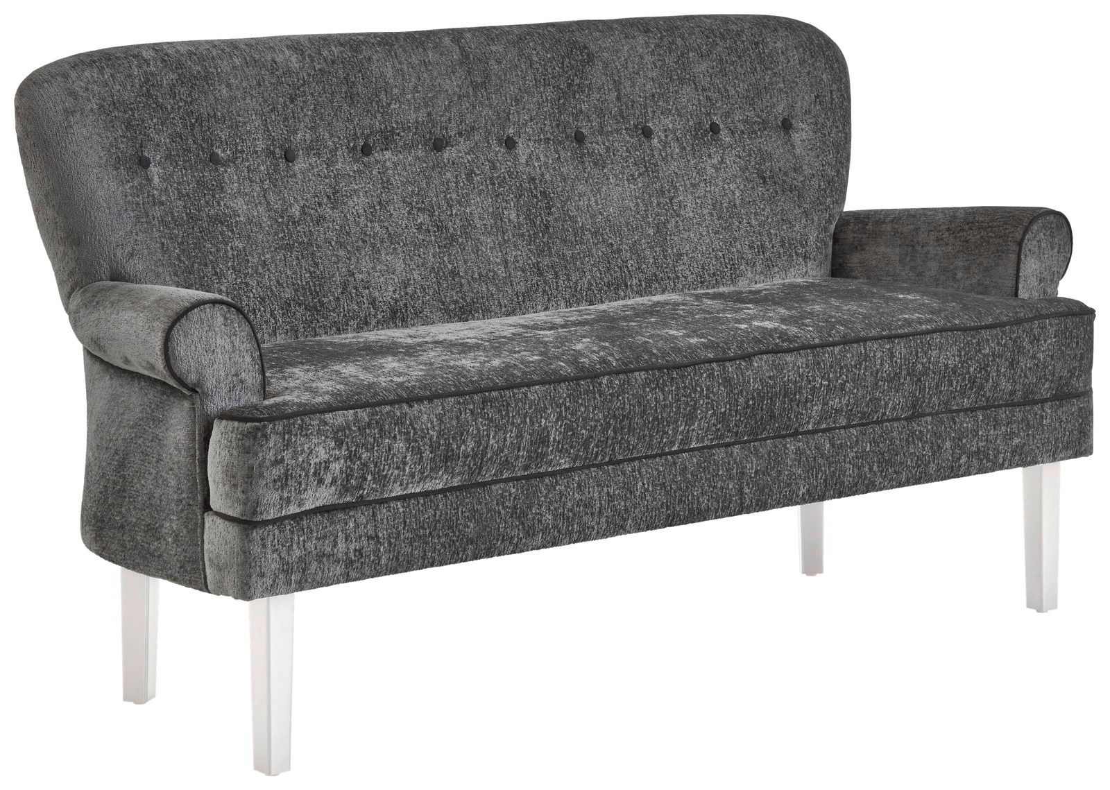 Graue Sitzbank mit hoher Rückenlehne und Knopfdetails, seitliche Perspektive