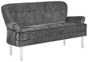 Graue Sitzbank mit hoher Rückenlehne und Knopfdetails, seitliche Perspektive