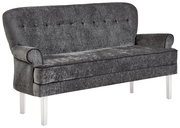 Graue Sitzbank mit hoher Rückenlehne und Knopfdetails, seitliche Perspektive