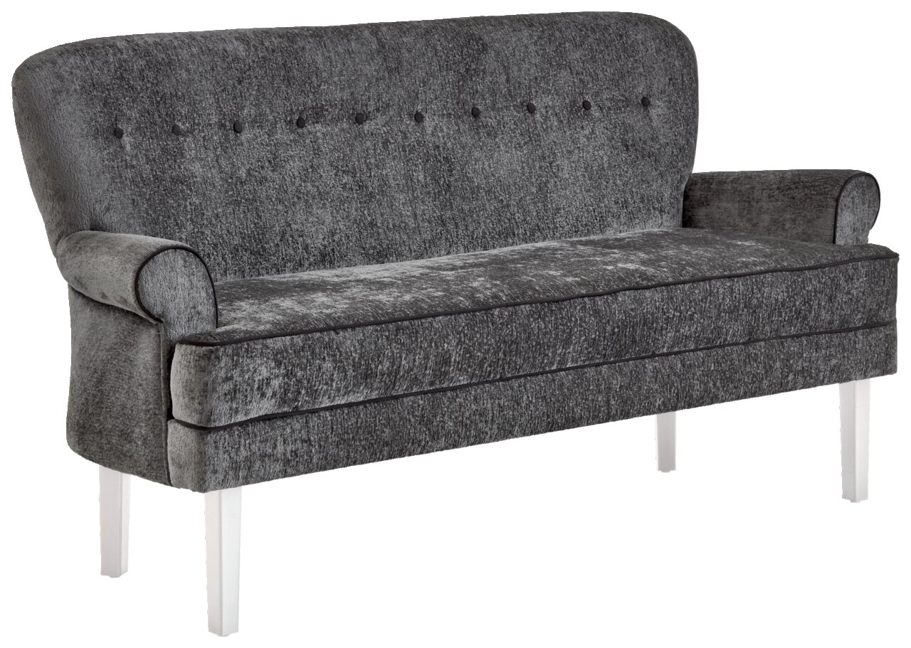 Graue Sitzbank mit hoher Rückenlehne und Knopfdetails, seitliche Perspektive