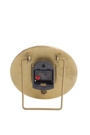 Rückansicht einer goldenen Uhr mit Ständer und Batteriefach