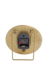 Rückansicht einer goldenen Uhr mit Ständer und Batteriefach