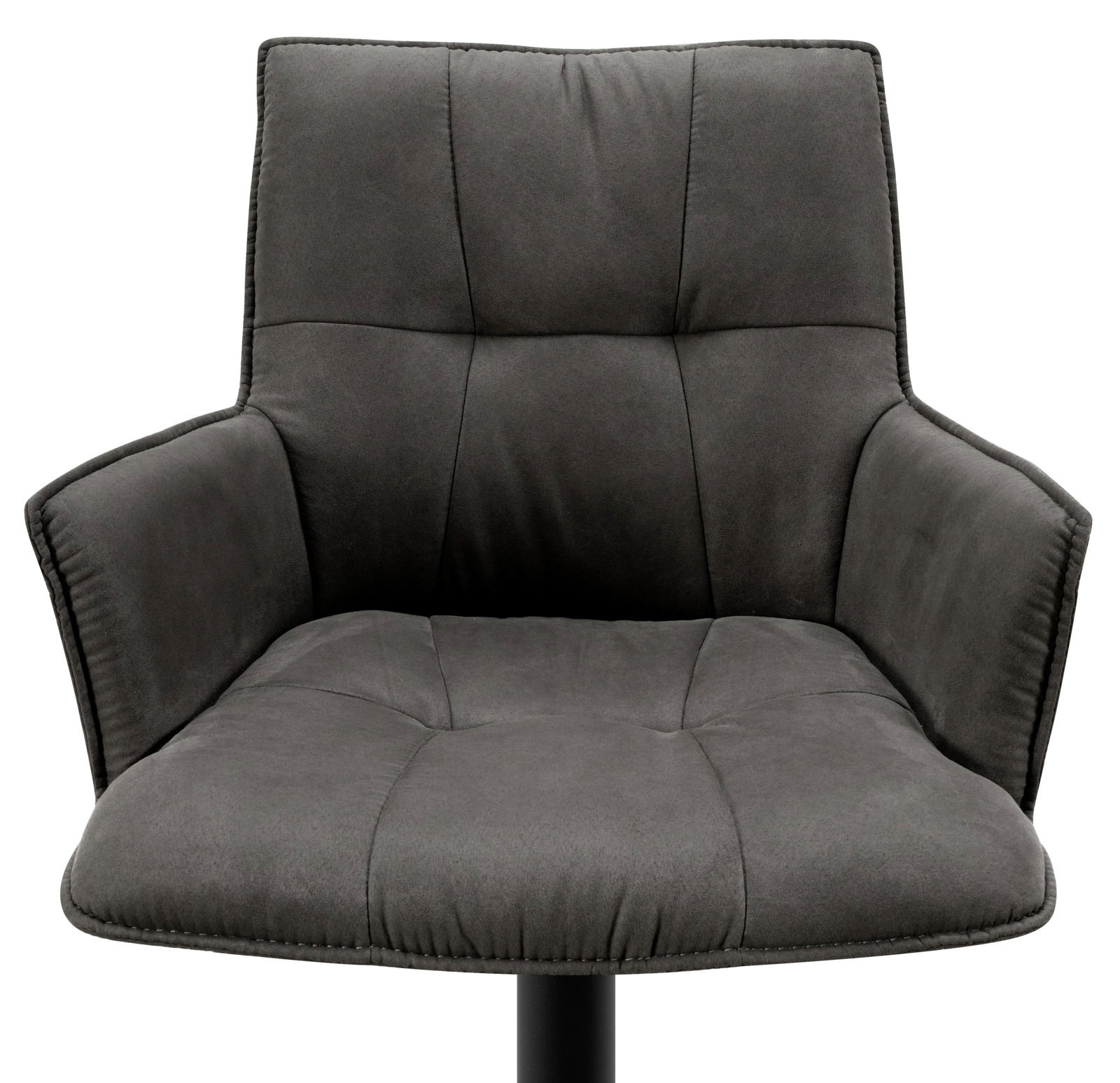 Grauer Barhocker mit gepolsterter Rückenlehne und Armlehnen, Vorderansicht