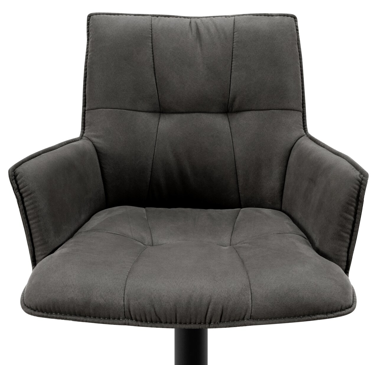 Grauer Barhocker mit gepolsterter Rückenlehne und Armlehnen, Vorderansicht