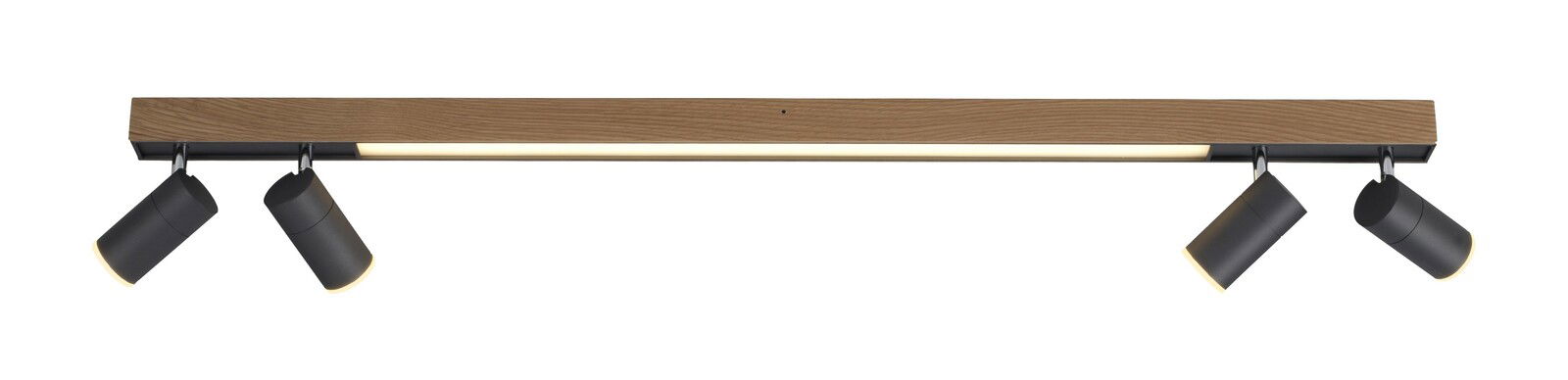 Moderne Deckenleuchte PURE-LINES mit Holzoptik und vier verstellbaren schwarzen Strahlern, seitliche Perspektive