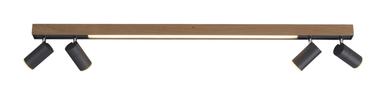Moderne Deckenleuchte PURE-LINES mit Holzoptik und vier verstellbaren schwarzen Strahlern, seitliche Perspektive