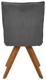 Rückansicht eines grauen, gerippten Stuhls mit Holzbeinen