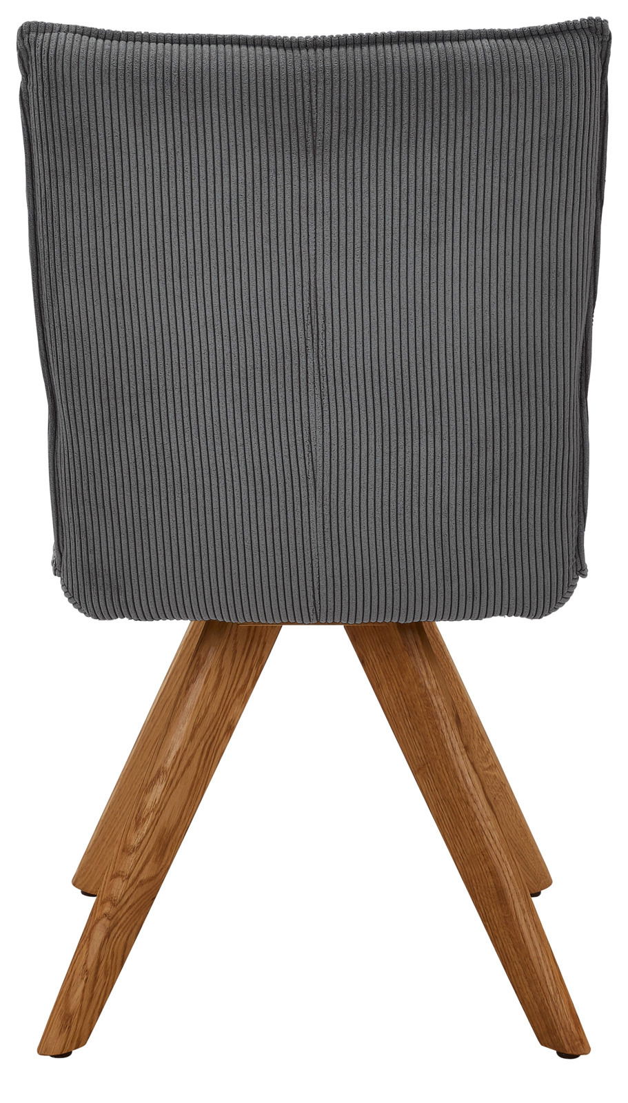 Rückansicht eines grauen, gerippten Stuhls mit Holzbeinen