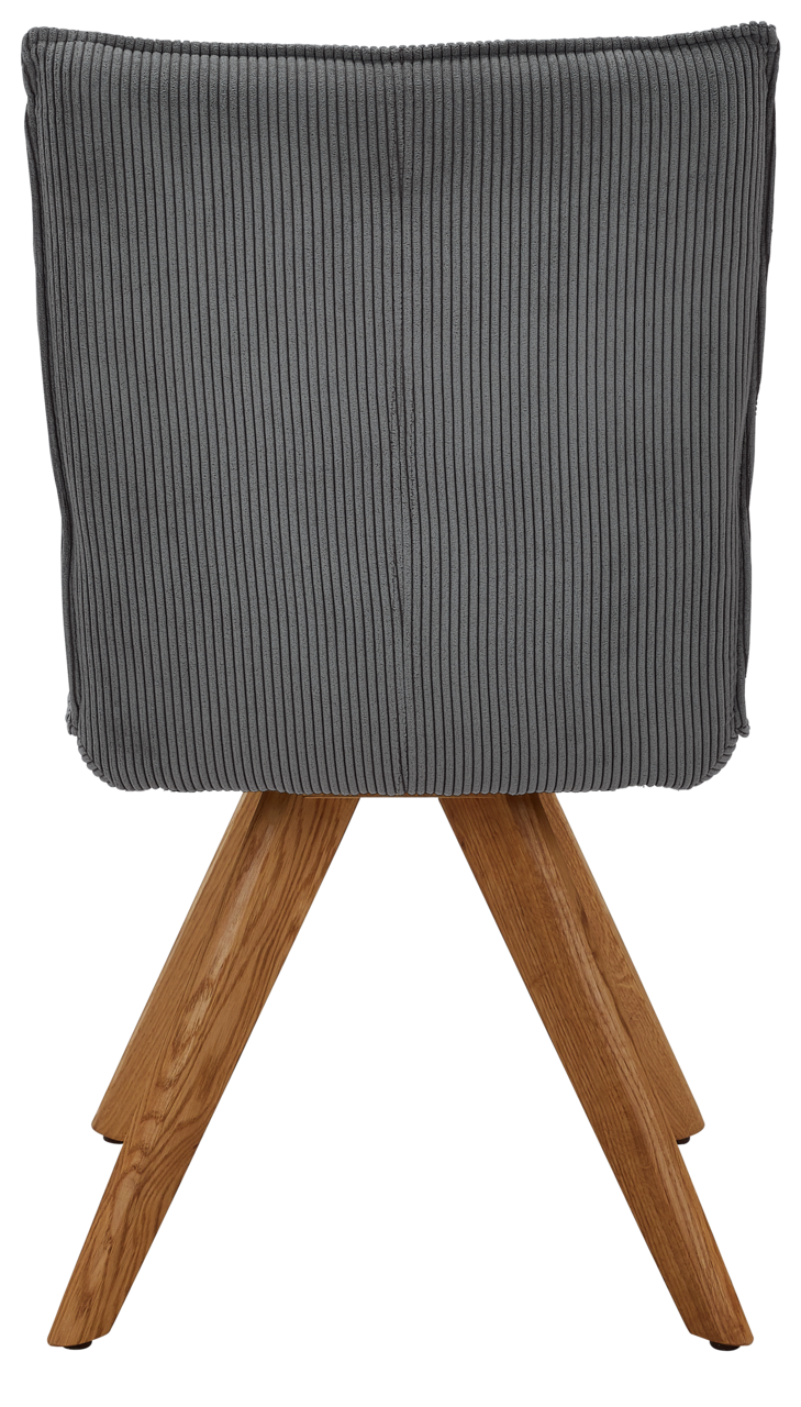 Johann Jakob Stuhl CALAS Rückansicht eines grauen, gerippten Stuhls mit Holzbeinen