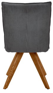 Rückansicht eines grauen, gerippten Stuhls mit Holzbeinen