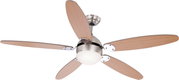 Deckenventilator mit fünf Holzflügeln und integriertem Licht, seitliche Perspektive
