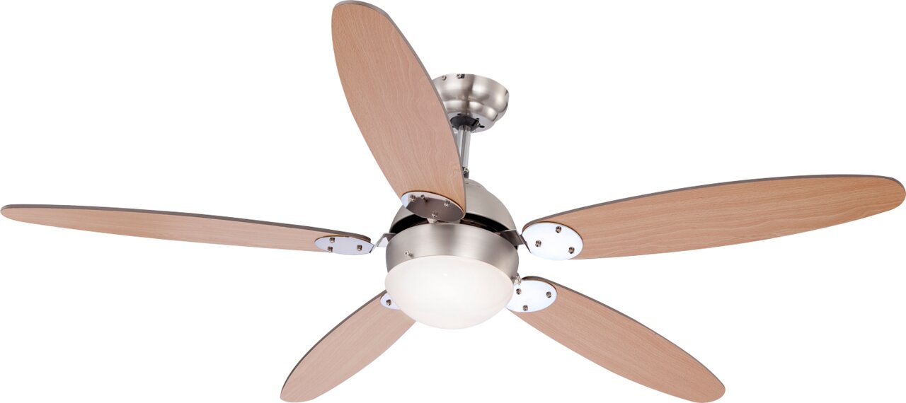 Deckenventilator mit fünf Holzflügeln und integriertem Licht, seitliche Perspektive