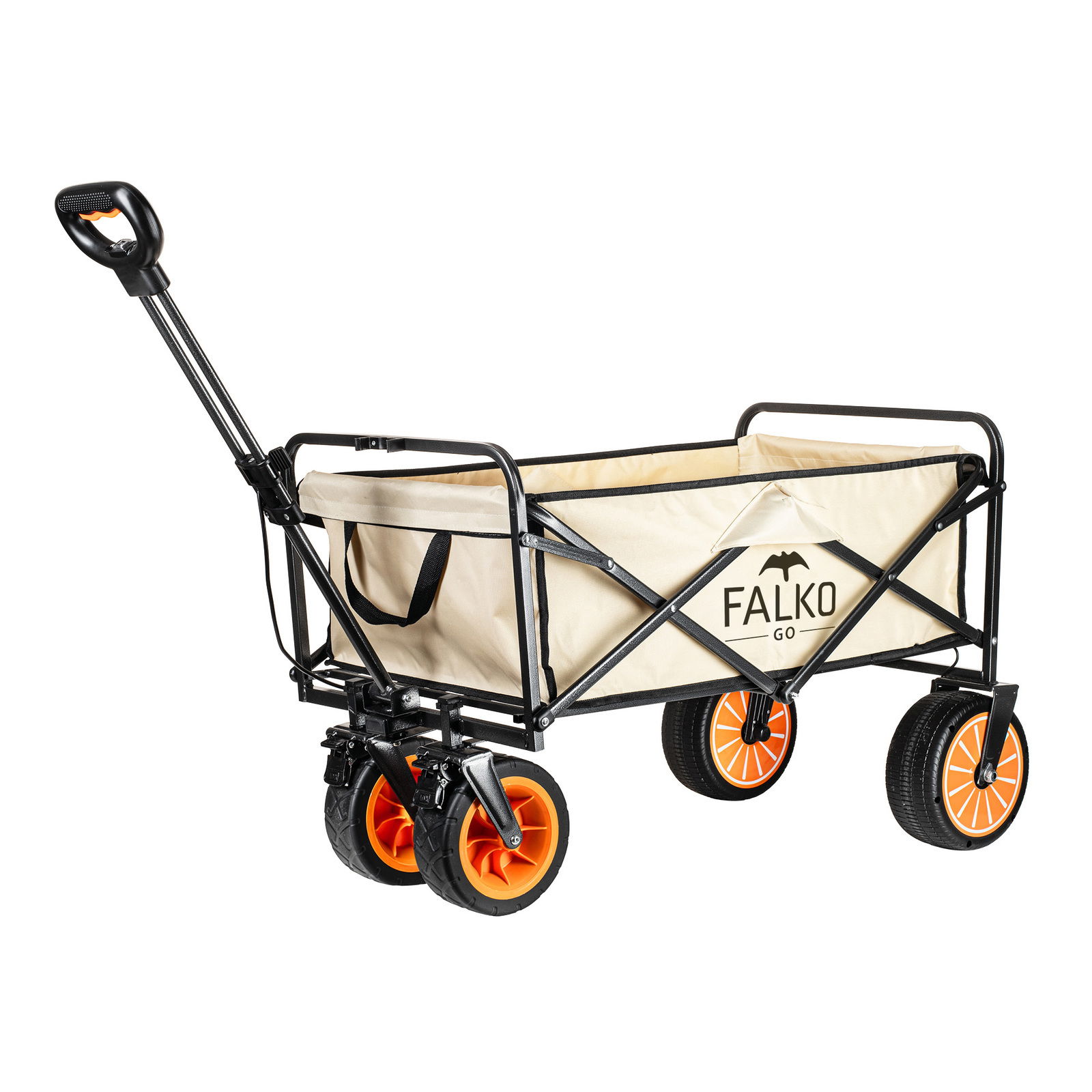 Elektrischer Bollerwagen Falko in seitlicher Perspektive mit schwarzem Rahmen und beigem Stoff, ausgestattet mit orangefarbenen Rädern.