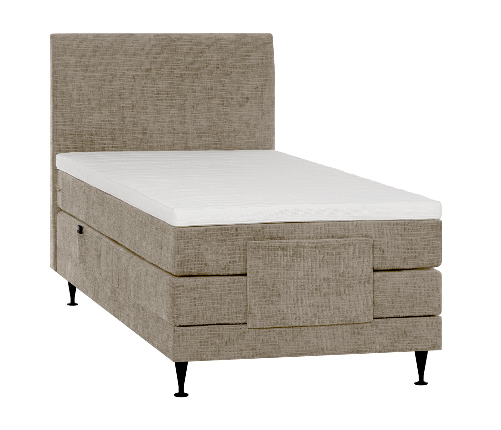 Beiges Boxspringbett mit hohem, stoffbezogenem Kopfteil, weißem Topper und schwarzen Metallfüßen, freigestellt in schräger Frontansicht.