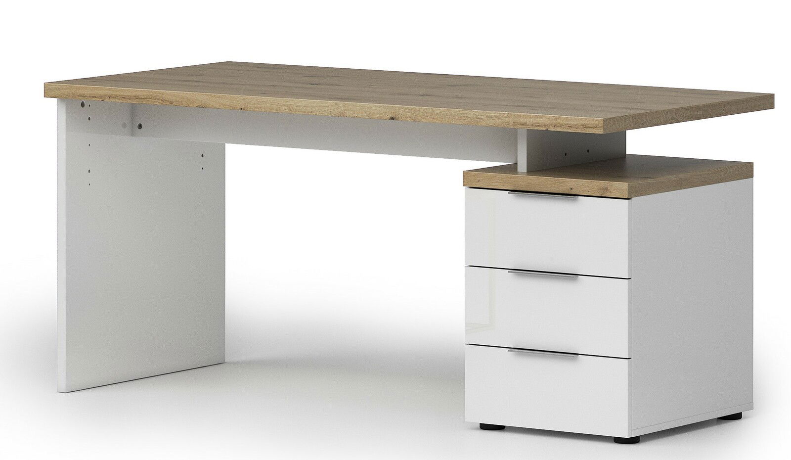 Moderner Schreibtisch mit Holzplatte und weißem Korpus, seitliche Perspektive