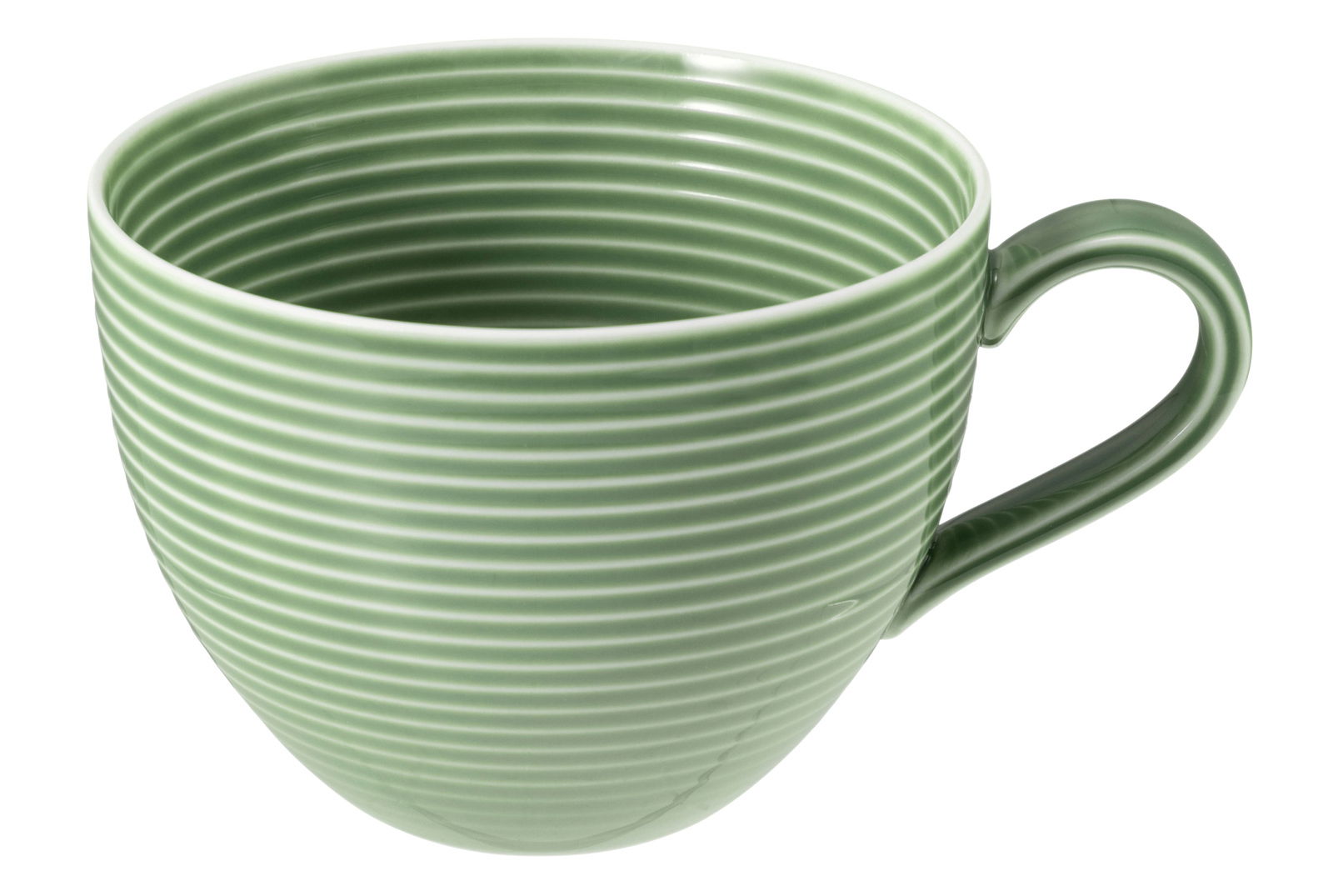 Seltmann Weiden Milchkaffeetasse BEAT Grüne Milchkaffeetasse mit horizontalen Rillen, seitliche Perspektive
