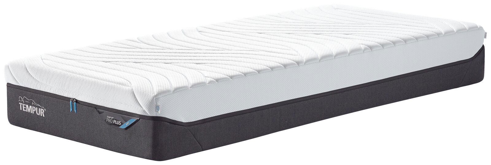 Tempur Viscomatratze PRO Plus CoolQuilt Viscomatratze 80x200 soft von der Seite, mit weißem Obermaterial und dunklem Unterteil, Markenname sichtbar.