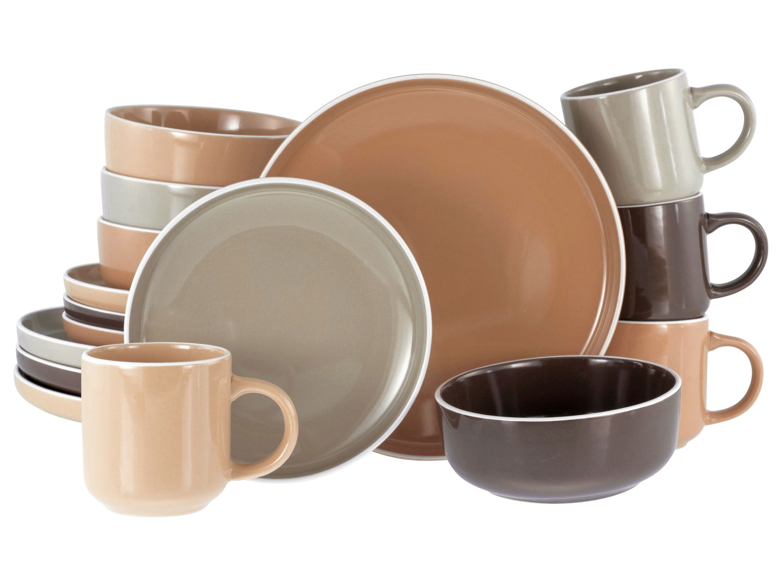 Kombiservice 16-tlg. in Erdtönen, bestehend aus Tellern, Schalen und Tassen, aus seitlicher Perspektive fotografiert.