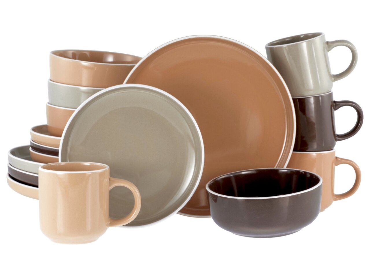 Kombiservice 16-tlg. in Erdtönen, bestehend aus Tellern, Schalen und Tassen, aus seitlicher Perspektive fotografiert.