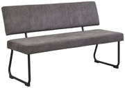 Graue Bank mit gepolsterter Sitzfläche und Rückenlehne, seitliche Perspektive