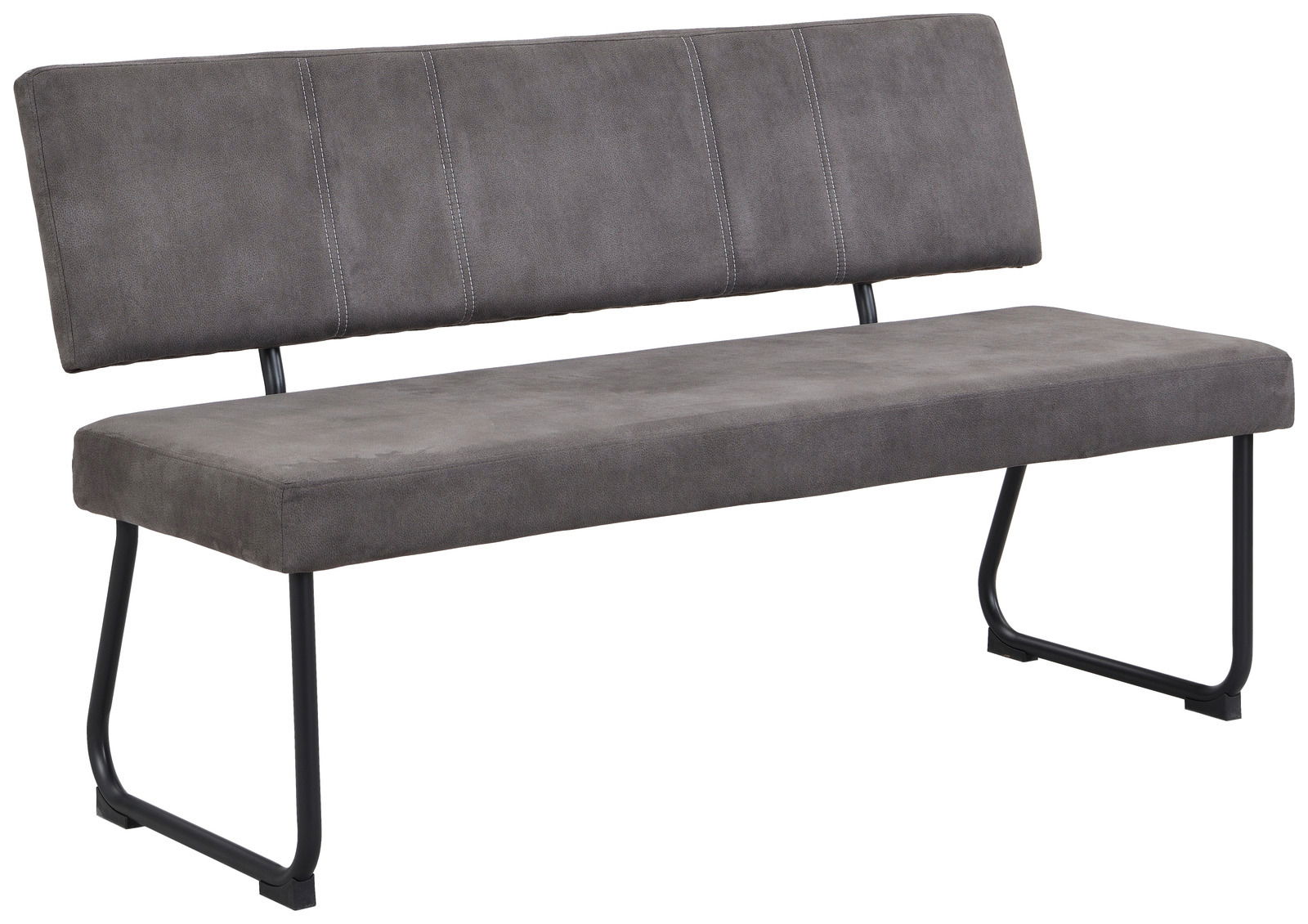 Graue Bank mit gepolsterter Sitzfläche und Rückenlehne, seitliche Perspektive